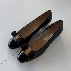 Salvatore Ferragamo Black Patent Flats with Bow Accent